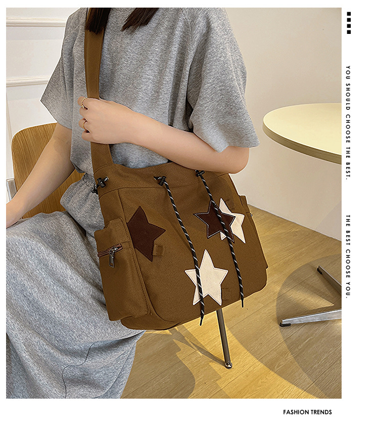 New Shoulder Bag Women's Bag Simple And Fashionable Large Capacity Portable Crossbody Trendy And Versatile Star Canvas Bag_voghion.com