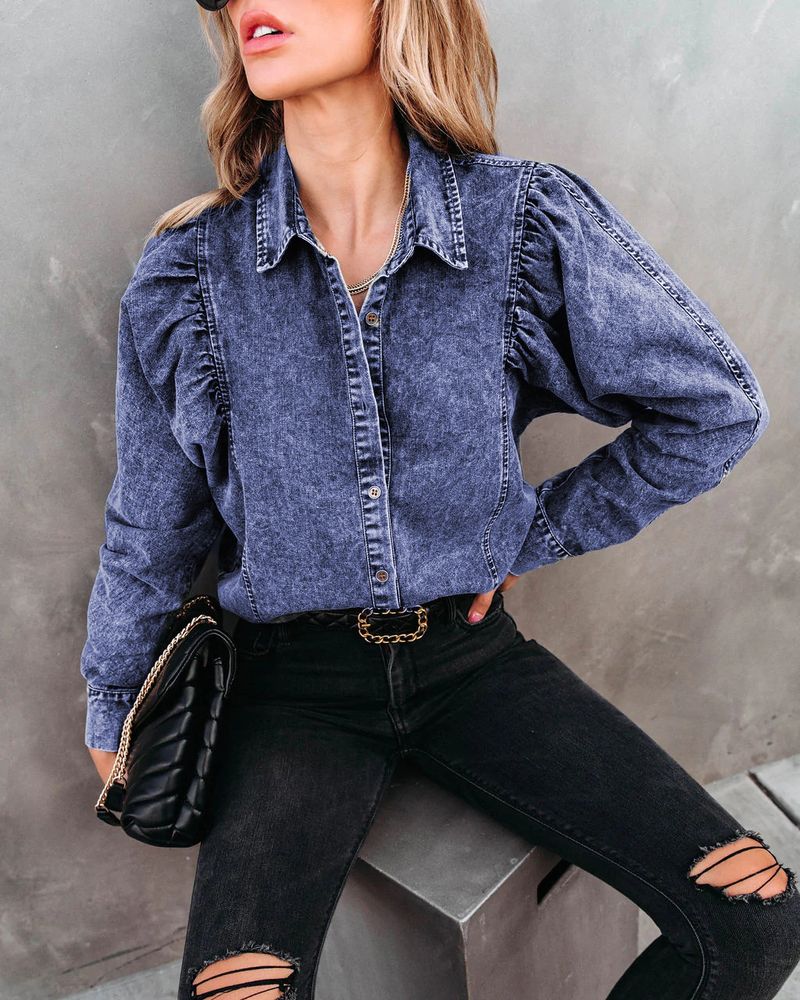 Abbigliamento donna autunno e inverno versatile bavero moda casual street style camicia in denim donna 657_voghion.com