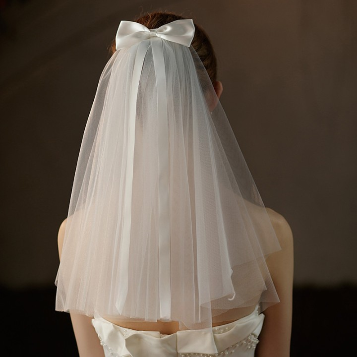 Velo da sposa Certificato di stile del matrimonio da sposa, copricapo con fiocco corto, certificato fotografico, velo_voghion.com