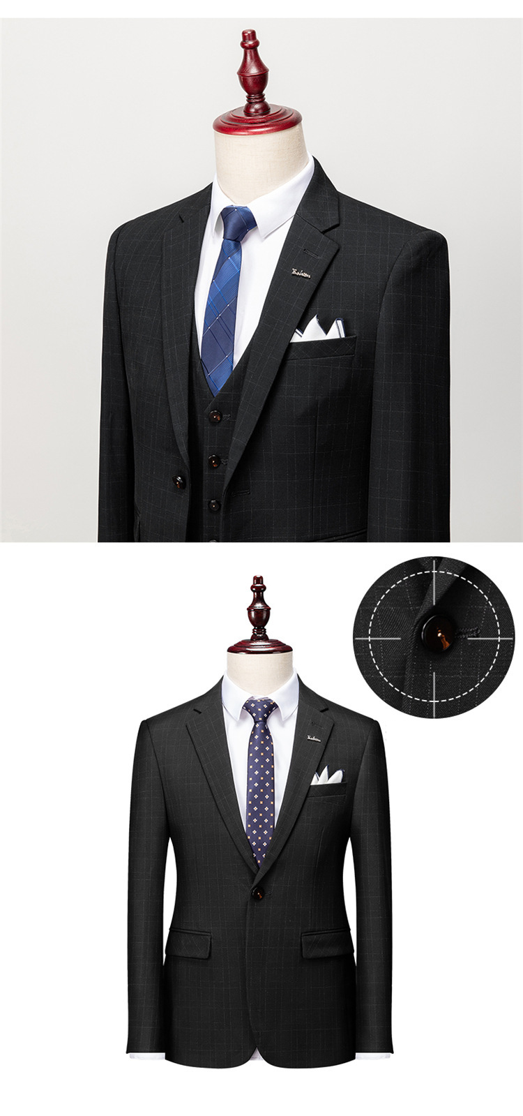 Terno masculino xadrez slim fit de 3 peças - Conjunto de blazer, colete e calça para banquete de negócios e casamento (azul-marinho/cinza/preto)_voghion.com