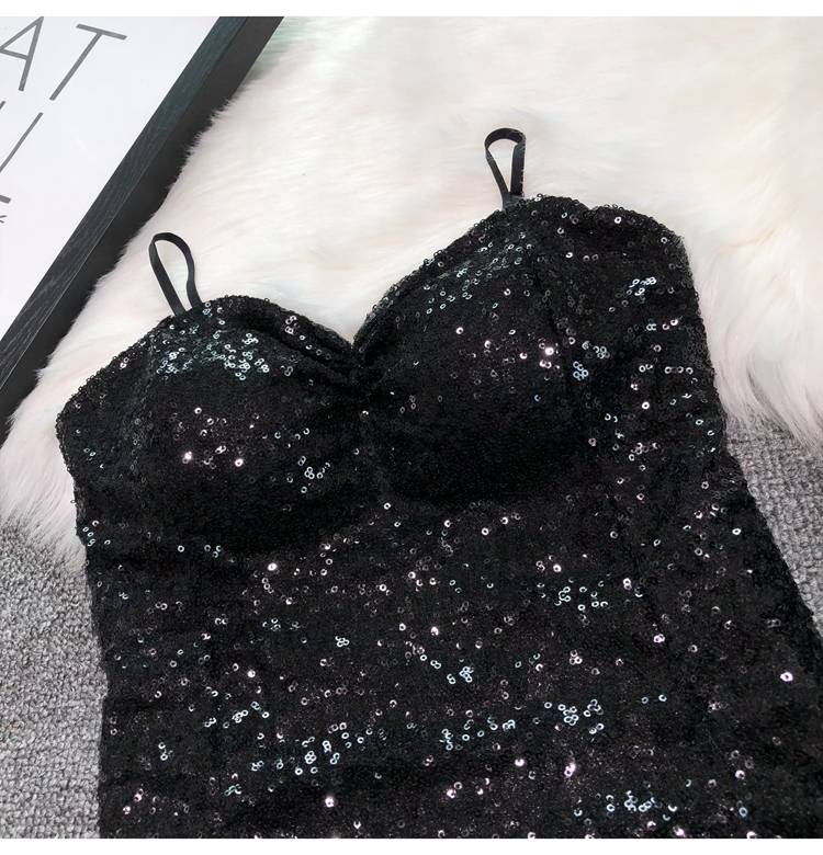 Abbigliamento da donna Cintura sexy Reggiseno imbottito Capispalla Bretelle Paillettes Intimo Corto Top da night club_voghion.com