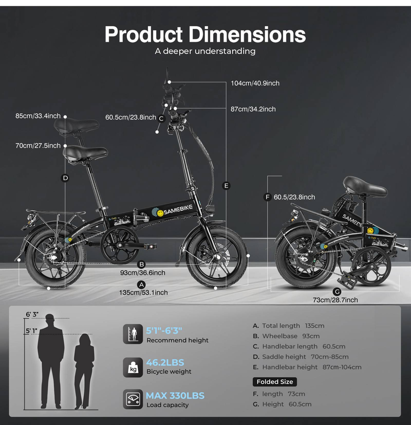 SAMEBIKE YINYU14 sähköpyörä aikuisille, 14" kokoontaittuva sähköpyörä LCD-näytöllä 350W 36V7.8AH_voghion.com