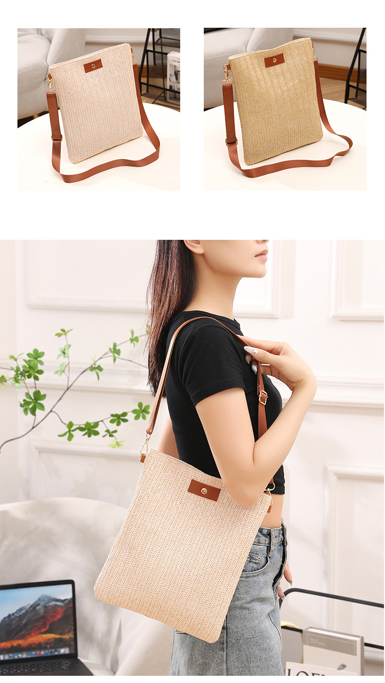 Borsa tote da donna in paglia intrecciata, borsa a tracolla singola, borsa a secchiello, borsa tote da spiaggia per le vacanze, borsa a tracolla con tracolla larga regolabile_voghion.com