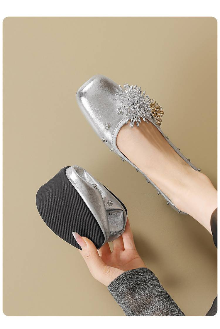 Cameido Women's Eco-Friendly PU Casual Shoes - Square Toe, 1CM Heel, Non-Slip Rubber Sole - Silver & Beige_voghion.com