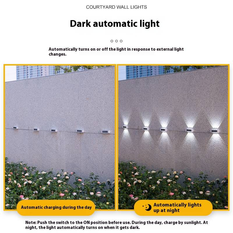 Luminárias de parede solares para áreas externas, luzes de jardim à prova d'água com iluminação para cima e para baixo, luzes de LED para caminho, quintal, pátio, decoração de casa (luz branca/quente)_voghion.com