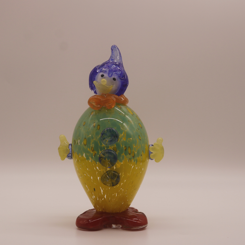 Estatueta de palhaço decorativa, escultura de vidro amarelo e verde, design de carnaval caprichoso, peça de arte artesanal_voghion.com