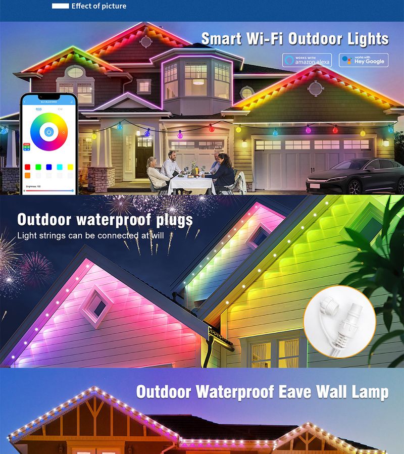 Bluetooth-LED-Lichterketten – wasserdichte Weihnachtsbeleuchtung für den Außenbereich für Dach und Dachtraufe, 16 Millionen Farben mit Musiksynchronisation und APP-Steuerung_voghion.com