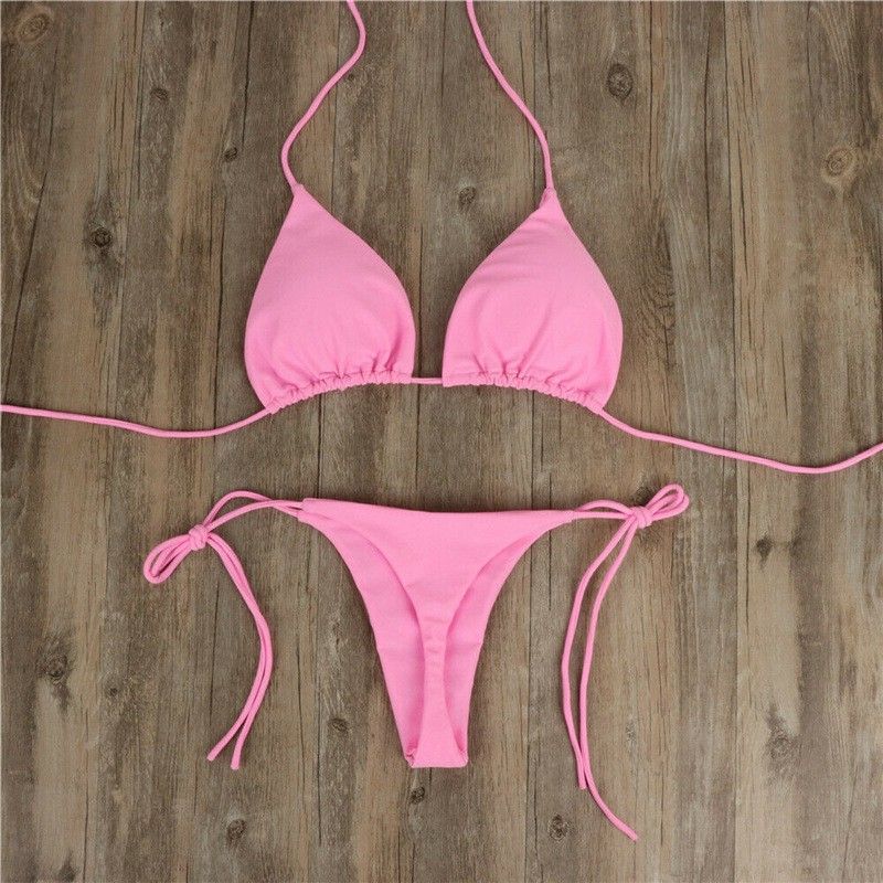 Women's Clothing Halter Neck Solid Color Three Point Bikini Sexy Swimsuit Split Straps Adjustable Multi Color Swimsuit_voghion.com