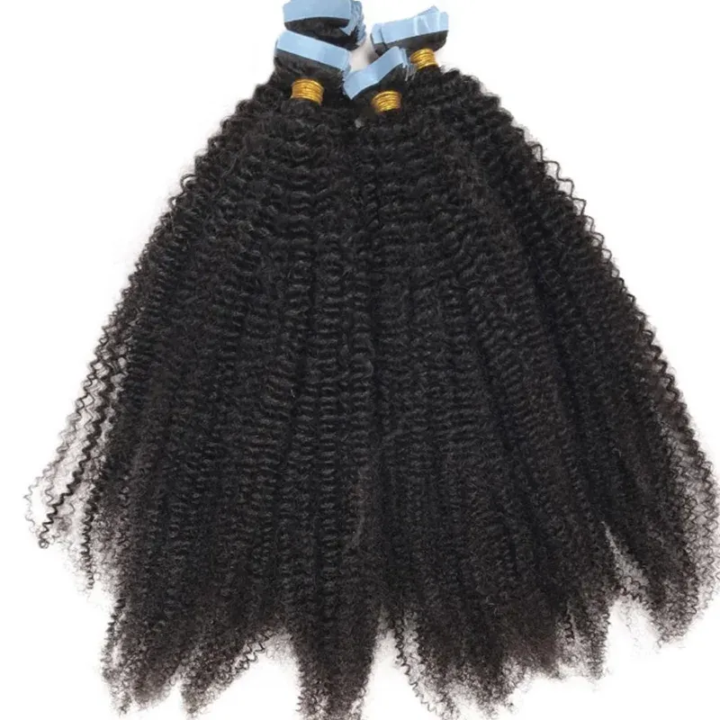 Extensiones de cabello humano rizado 4B 4C con cinta adhesiva invisible, color negro, estilo afro mongol_voghion.com