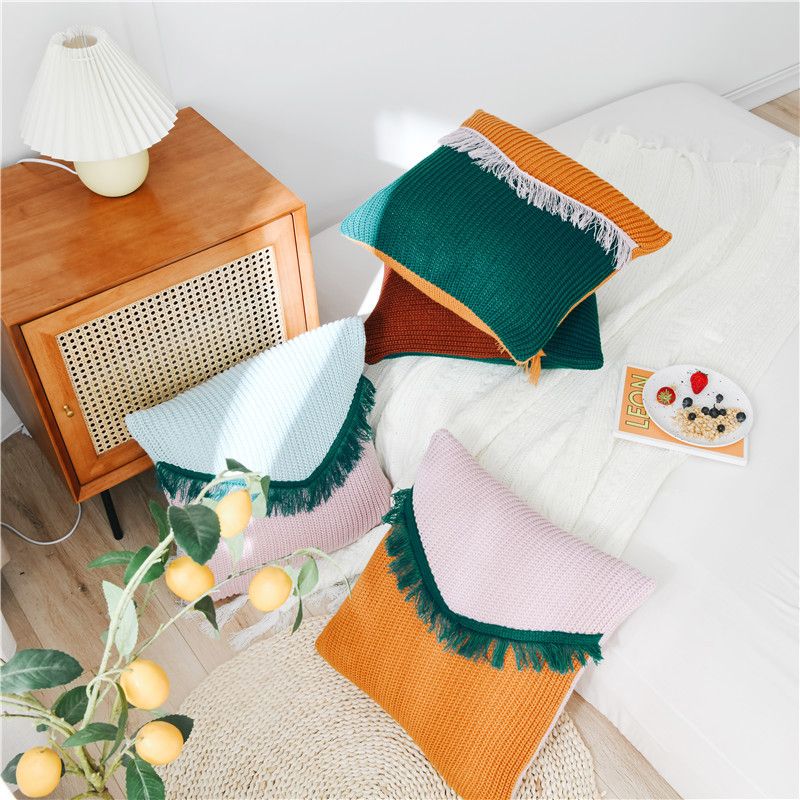 Neuer modischer, gestrickter, garngefärbter Hahnentrittmuster-Plaid-Quasten-Modell-Sofakissen-Kissenbezug im nordischen Stil_voghion.com
