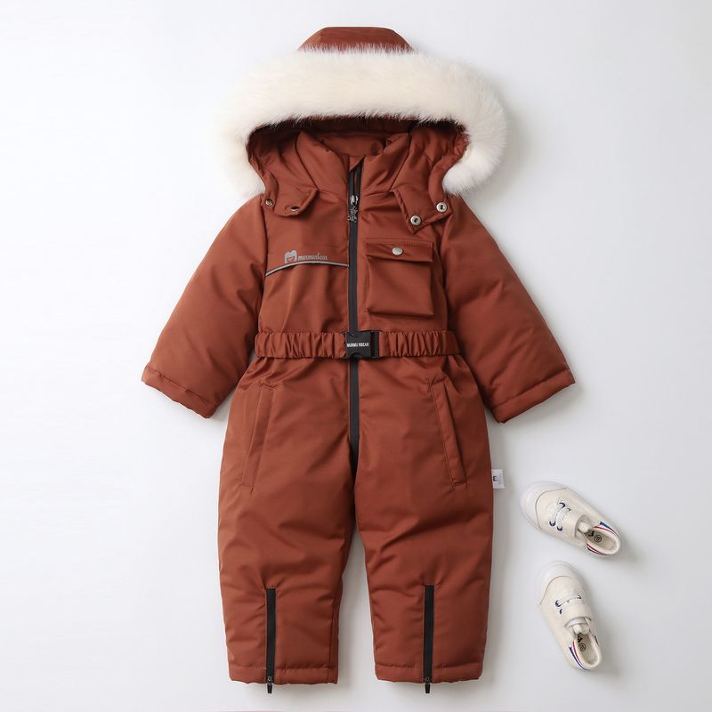 Traje de nieve infantil con forro polar – Pelele de invierno ultracálido con capucha (90-120 cm) – Mono de esquí unisex con cremallera completa para niños pequeños_voghion.com