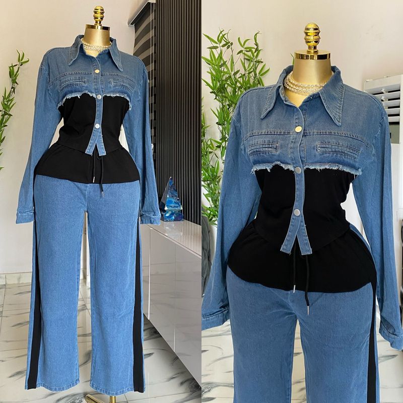 Kadın Giyim Kot Patchwork Moda Günlük Takım Elbise İlkbahar Ve Sonbahar Yeni Uzun Kollu Üst + Geniş Paça Uzun Pantolon İki Parça Takım Elbise_voghion.com