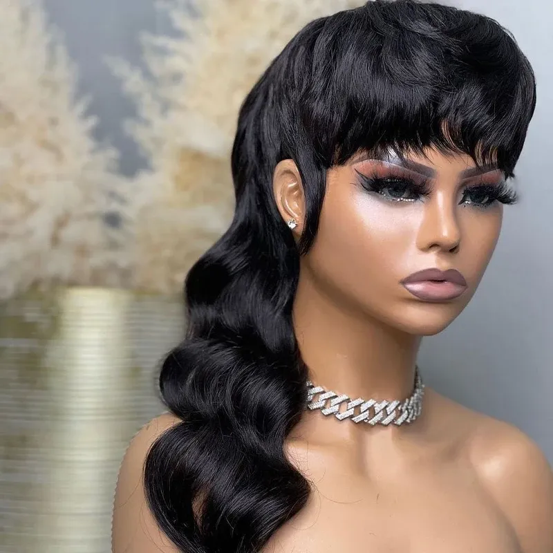 Kuyruklu Kısa Peri Kesimi Dalgalı İnsan Saçı Peruk Mulletcut Yapıştırıcısız Tam Makine Yapımı Perçem Perulu Remy Saç_voghion.com