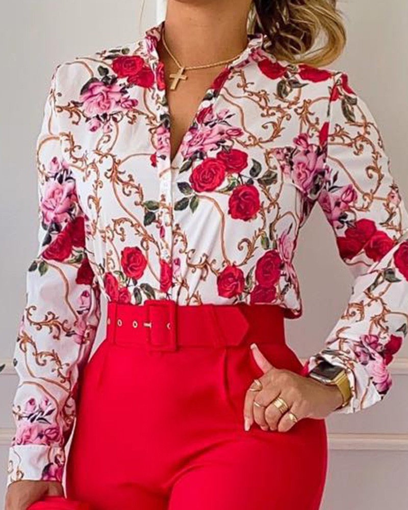 Damenmode-Modedruck-Langarmoberteil einfarbiges Hosenset mit Gürtel_voghion.com