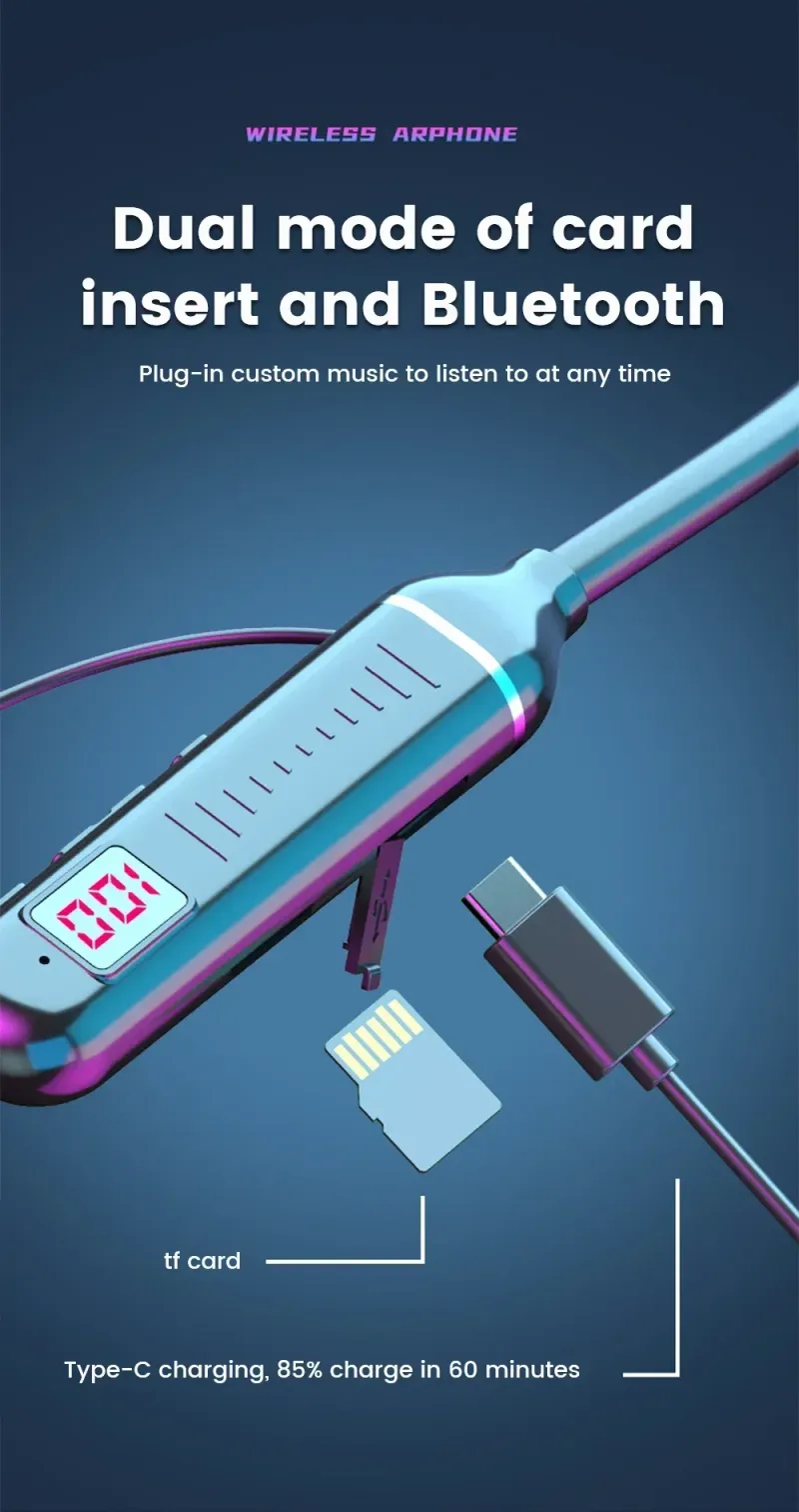 Kabellos Kopfhörer Bluetooth 5.3 Halsband Kopfhörer Gaming LED Display HIFI Headset Sport TWS Kopfhörer Mat Mikro TF Kaart_voghion.com