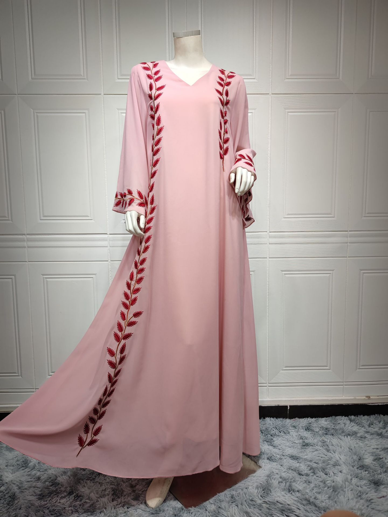Damenmode Street Chiffon langes muslimisches besticktes rosafarbenes Rundhalskleid mit Hijab_voghion.com