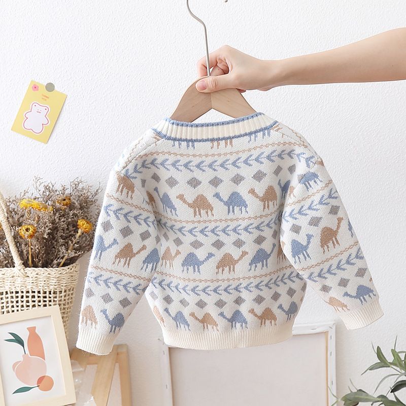 Cardigan en tricot dinosaure pour garçons et filles – Pull col en V en coton doux – Vêtements d'extérieur légers de style coréen – Blanc/Bleu clair/Jaune (80-120 cm)_voghion.com