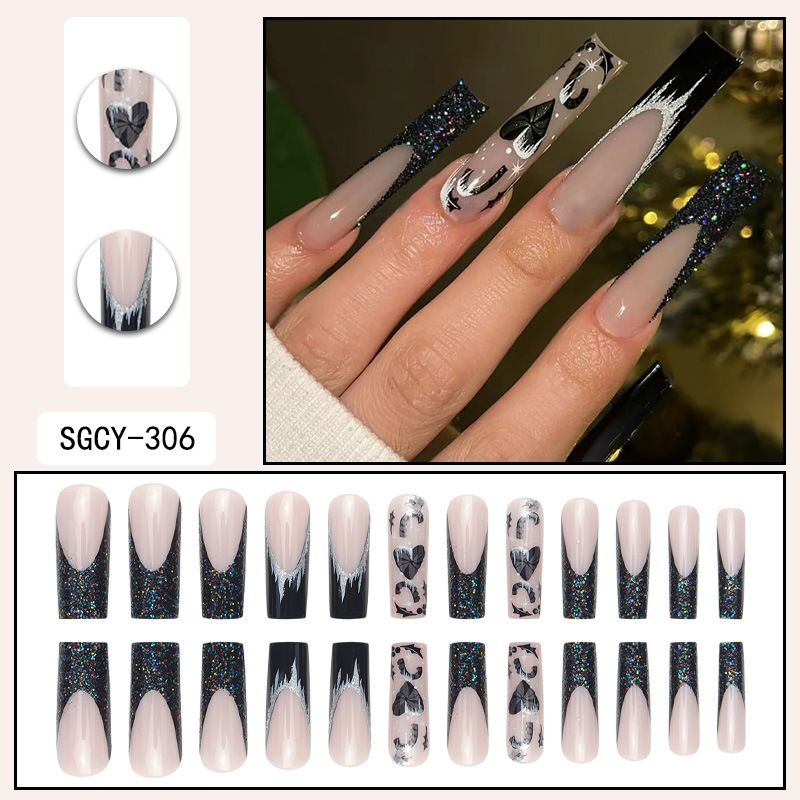 Unghie finte lunghe con punta francese e disegni a cuore glitterati - Unghie finte dolci e audaci per donna, riutilizzabili e facili da applicare (opzioni colla/adesivo in gel)_voghion.com