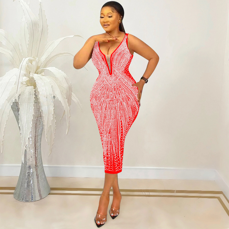 Abbigliamento da donna bretelle alla moda abito sexy con diamanti caldi con scollo a V attillato per le donne_voghion.com