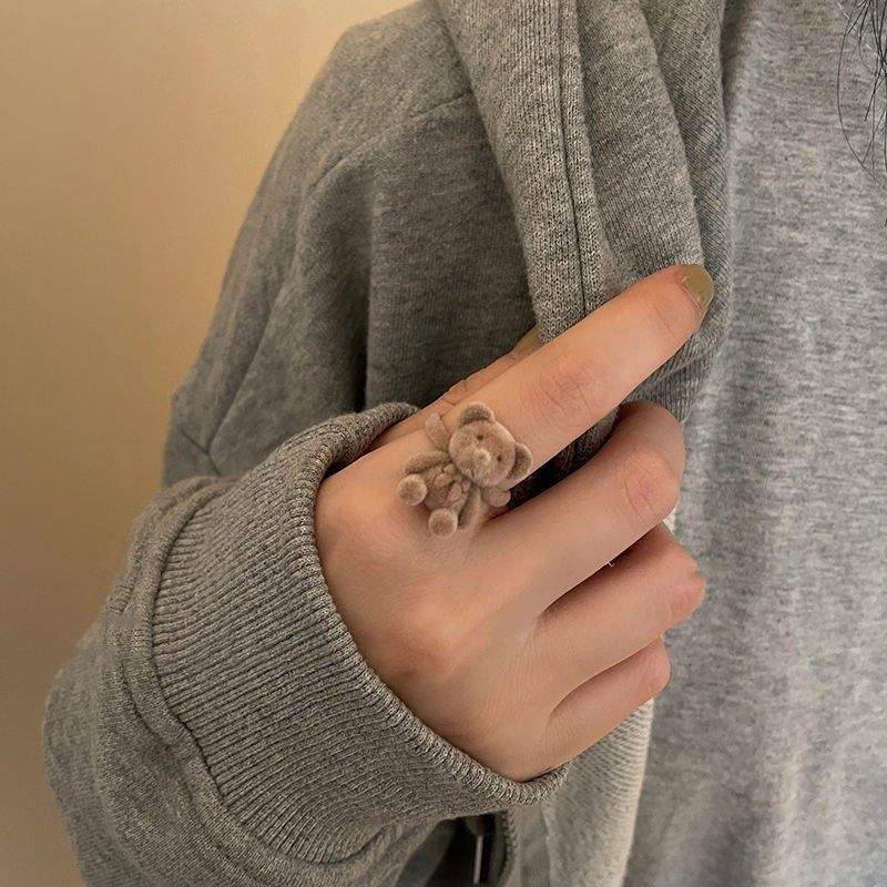 Mode schattige beer open voor vrouwen cking beren ringen meisjes verstelbare cartoon handgemaakte pluche strik vinger ring sieraden cadeau_voghion.com