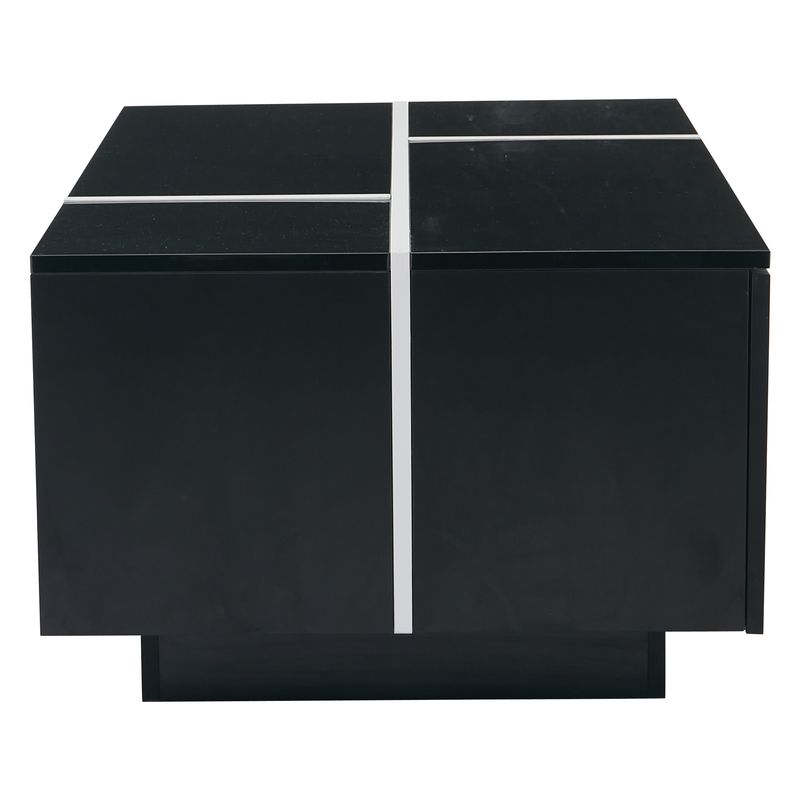 Table basse carrée noire moderne 100 x 60 x 40 cm, finition patchwork brillante, 4 tiroirs et plateau coulissant, supporte jusqu'à 30 kg._voghion.com