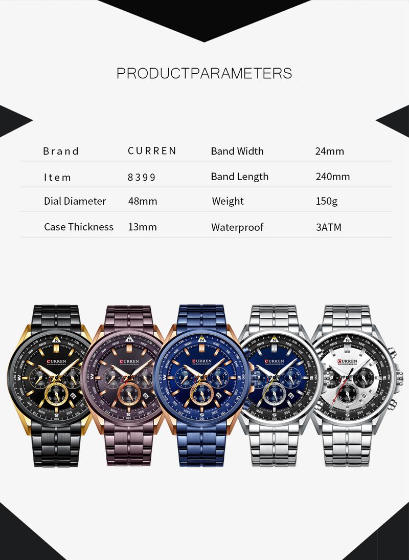 Orologio da uomo al quarzo in acciaio inossidabile con datario, orologio da polso analogico multifunzionale a 6 lancette, orologio casual da lavoro_voghion.com
