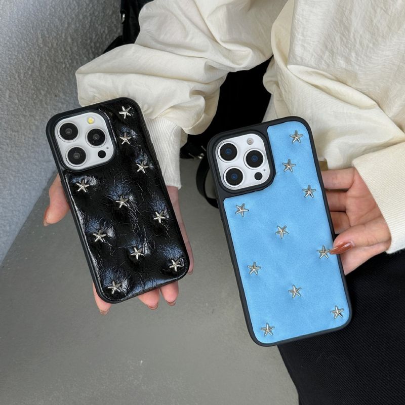 Custodia protettiva in pelle a tinta unita con rivetti Little Stars a schermo intero compatibile con iPhone 16 Pro Max 15_voghion.com