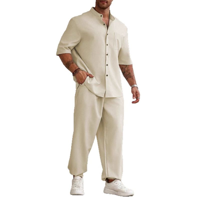 CT 2025 Neuer Pendleranzug aus Baumwollleinen, lässiges Knopfhemd, kurze Ärmel, lange Hose, Herren-Outdoor-Trend_voghion.com