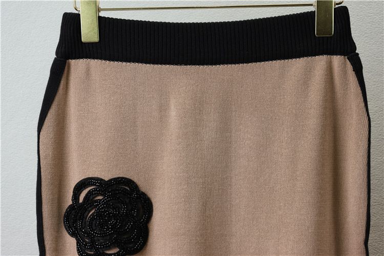 Vêtements pour femmes nouveau costume en tricot camélia haut col rond tempérament à la mode pour femmes avec jupe de hanche de couleur contrastante_voghion.com