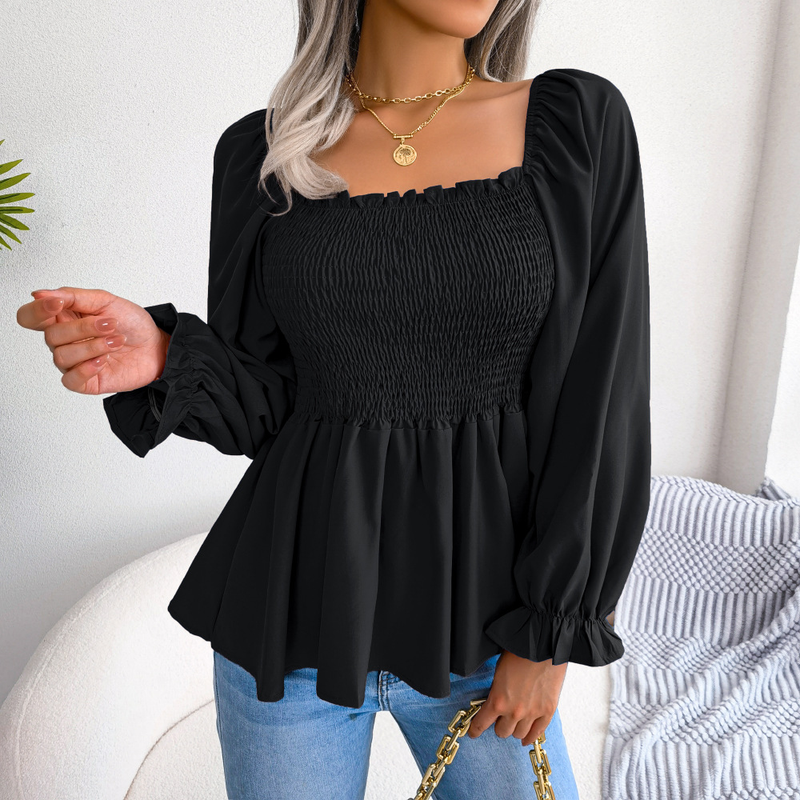 Camisa sólida para mujer, Tops informales con cuello cuadrado y manga larga de gasa con orejas de madera_voghion.com