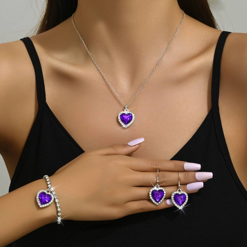 Mode und Luxus voller Strass Kristall Schmuck Set Ozean Herz 3 Stück Halskette Ohrringe Armband_voghion.com