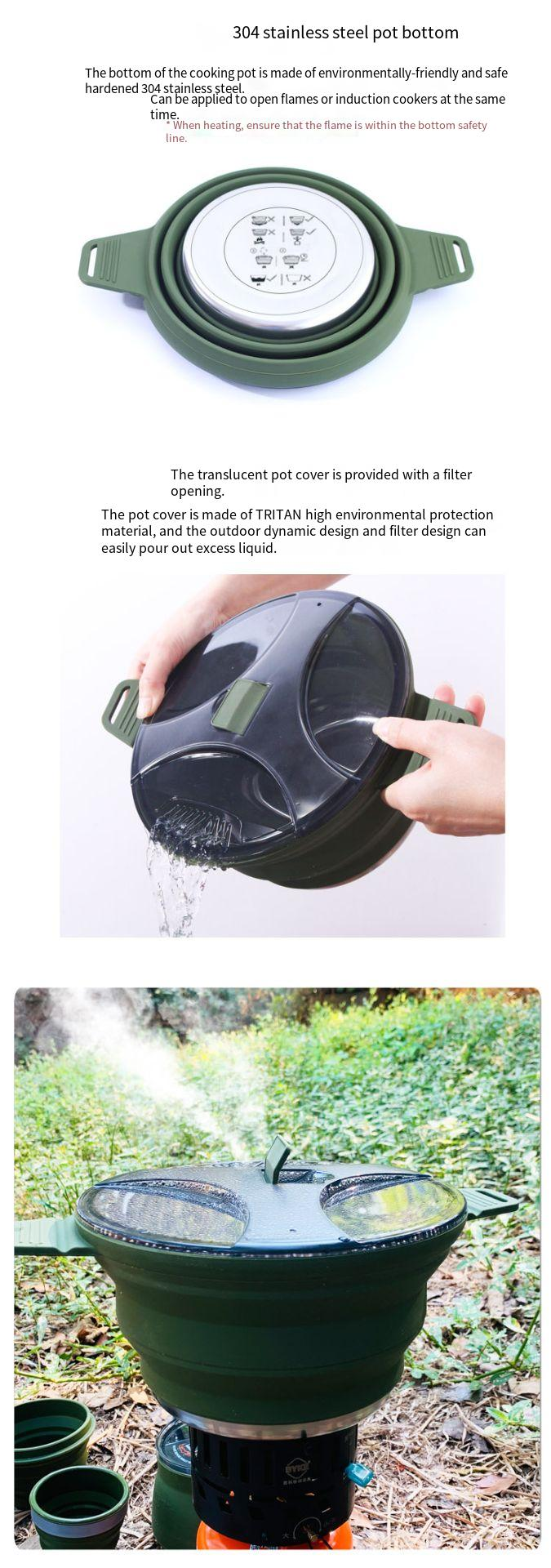 New outdoor camping cookware set folding kettle cooking pot camping portable tableware silicone_voghion.com