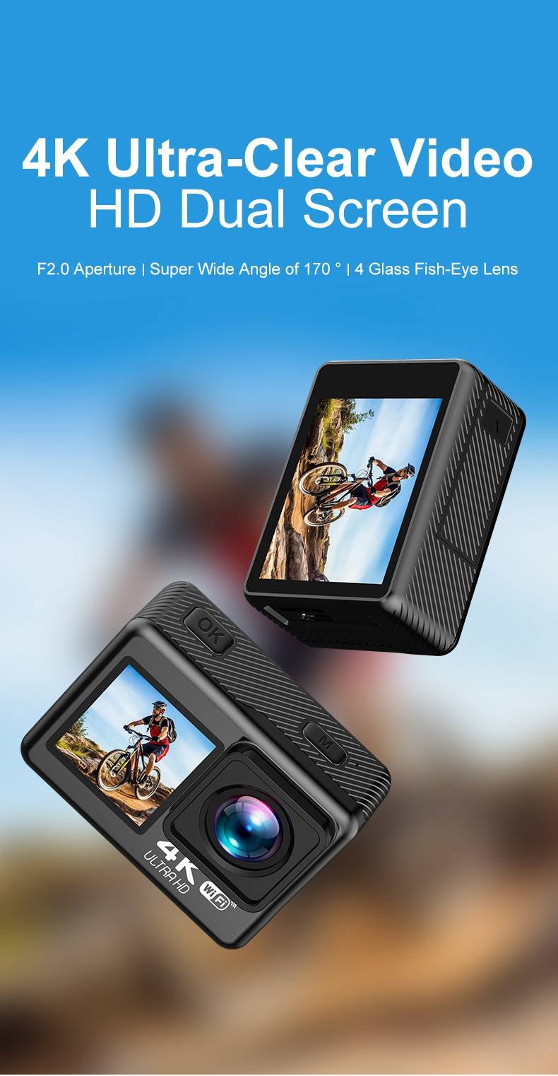 Caméra d'action extérieure haute définition 4K à double écran pour le cyclisme, la plongée, le camping et le selfie, livrée avec une carte mémoire de 64 Go._voghion.com