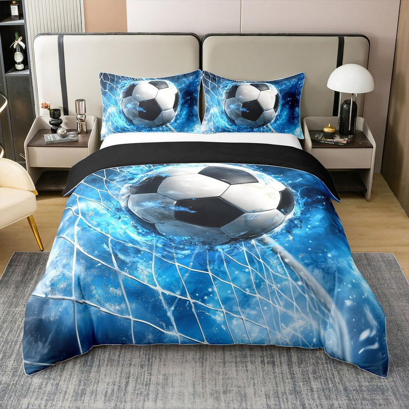 Duvet Cover Double Football Field Bedding Set For Kids Boys Men Goal Water Ice Cool Black Blue White Comforter Cover Soft Comfy Bedclothes _voghion.com