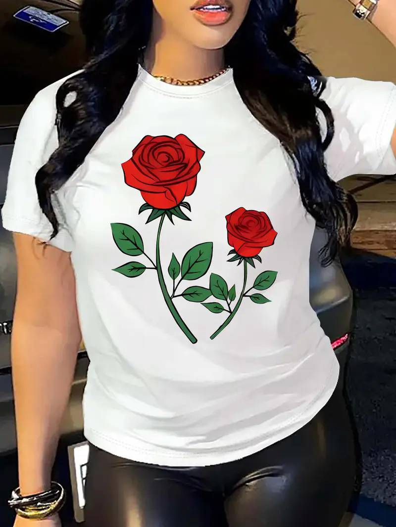 Kurzärmliges Damen-T-Shirt mit 3D-Kirsch-Print – Lässiges Oberteil mit Rundhalsausschnitt – Atmungsaktives Polyestergewebe – Süßer Prinzessinnen-Stil_voghion.com