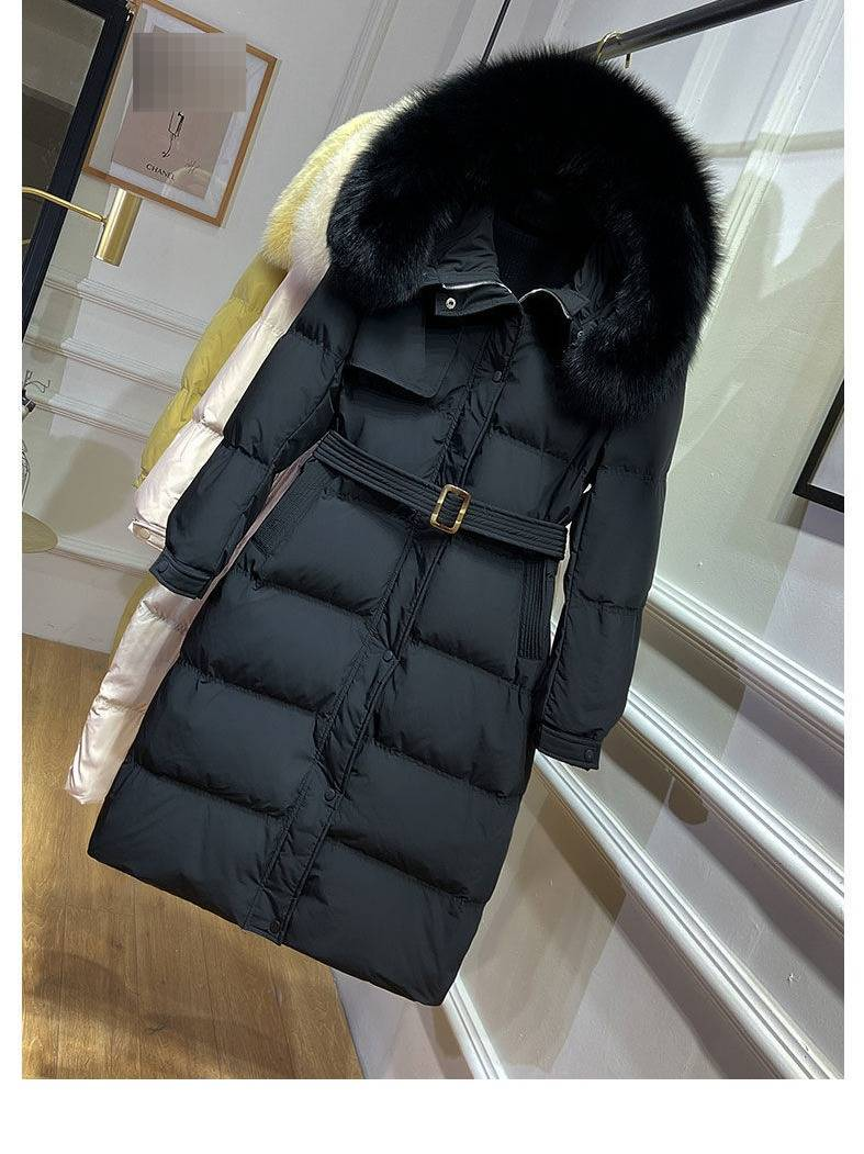 Lange Daunenjacke für Damen mit echtem Fuchspelzbesatz – Füllung aus 96 % weißen Entenfedern, schmaler, taillenbetonter Wintermantel, wasserabweisende Acryl-Außenschicht_voghion.com