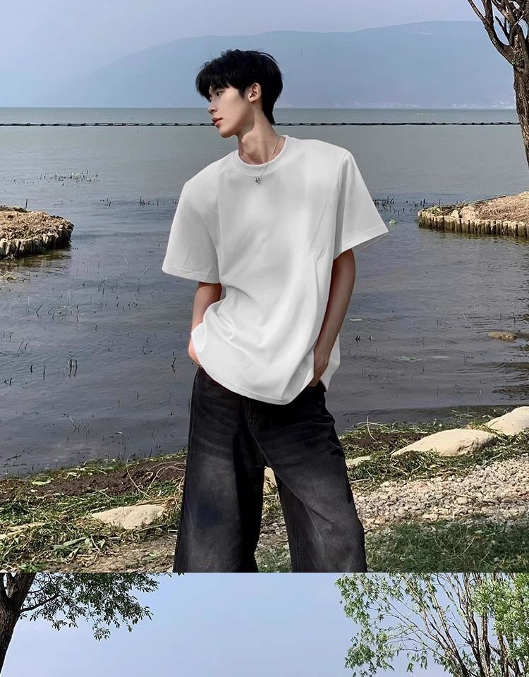 Maglietta estiva da uomo in cotone bianco, corta, stile americano High Street, con spalle regolari, di alta qualità, a mezza manica_voghion.com