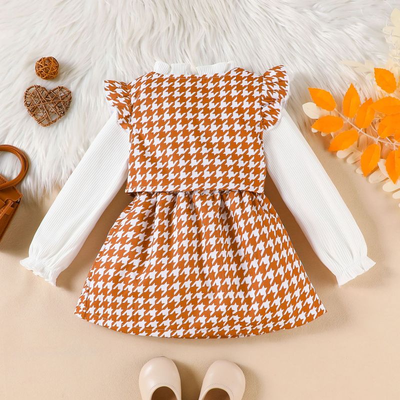 Completo mamma e bambini per bambine, 3 pezzi: top a maniche lunghe + gilet e gonna pied de poule (90-130 cm)_voghion.com