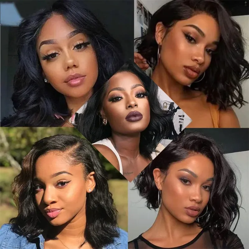 Kleberfreie Wear Go Wig, gewellte, kurze Bob-Perücken, Echthaar, HD, transparente Spitze vorne, Isee, natürliche Farbe, 180 % Dichte_voghion.com