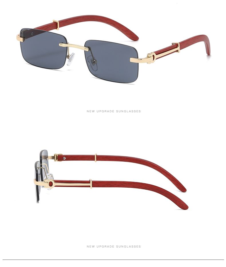 Occhiali da sole rettangolari senza montatura alla moda da donna, occhiali da vista quadrati vintage, design retrò, montatura in legno, occhiali da sole sfumati_voghion.com