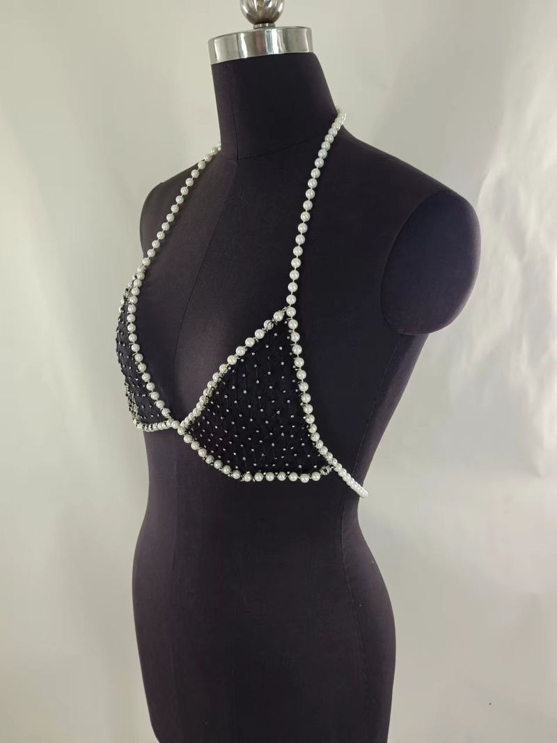 MW3231 European and American vest with diamond-studded hollow fishnet net drill mesh clothing pearl chain combination jacket vest body chain_voghion.com