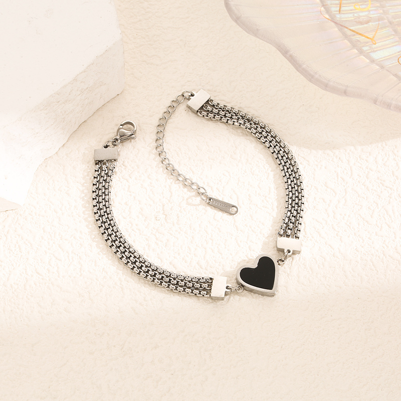 Temperament Three Layer Chain Bracelet Female Black and White Double sided Fritillaria Heart Wide Bracelet Titanium_voghion.com