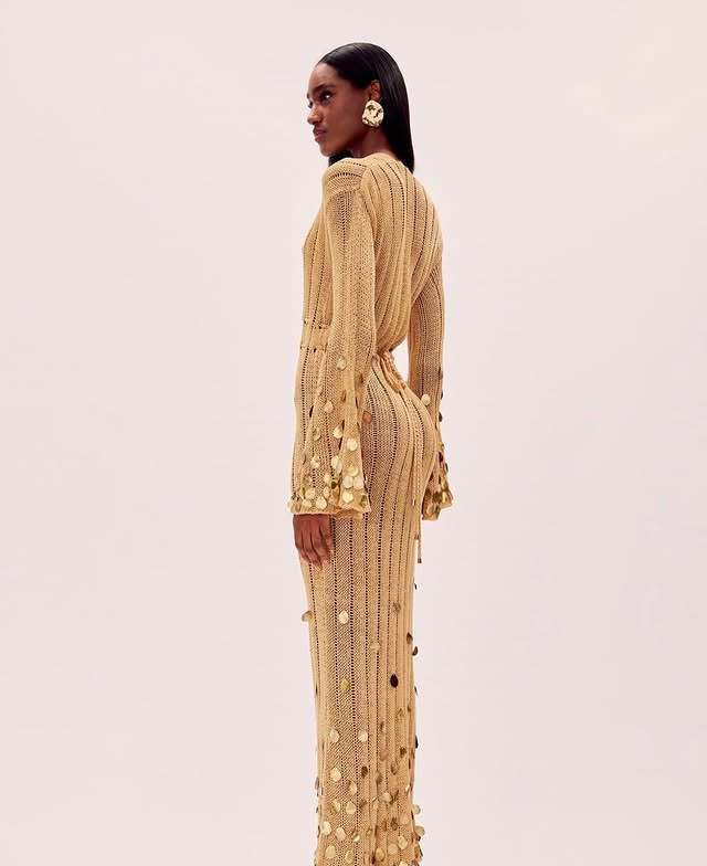 Gonna lunga in maglia con paillettes e cintura con scollo a V da donna, nuova primavera, stile da donna, abito con paillettes_voghion.com