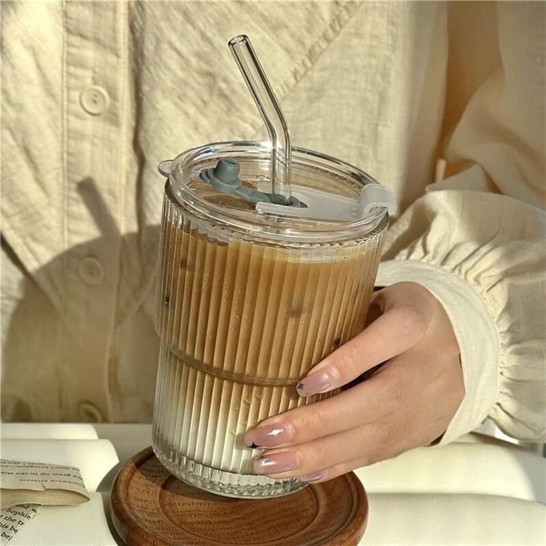 Striped Glass Coffee Cup With Lid & Straw - 12oz Reusable Drinking Glass For Hot/Cold Beverages (Iced Latte Milk Juice Dishwasher Safe)_voghion.com