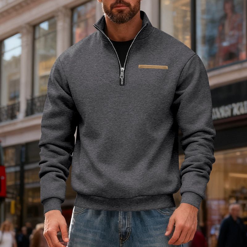 Felpa invernale da uomo con mezza zip, foderata in pile, pesante, con collo alto e finiture a contrasto, abbigliamento sportivo per esterni_voghion.com