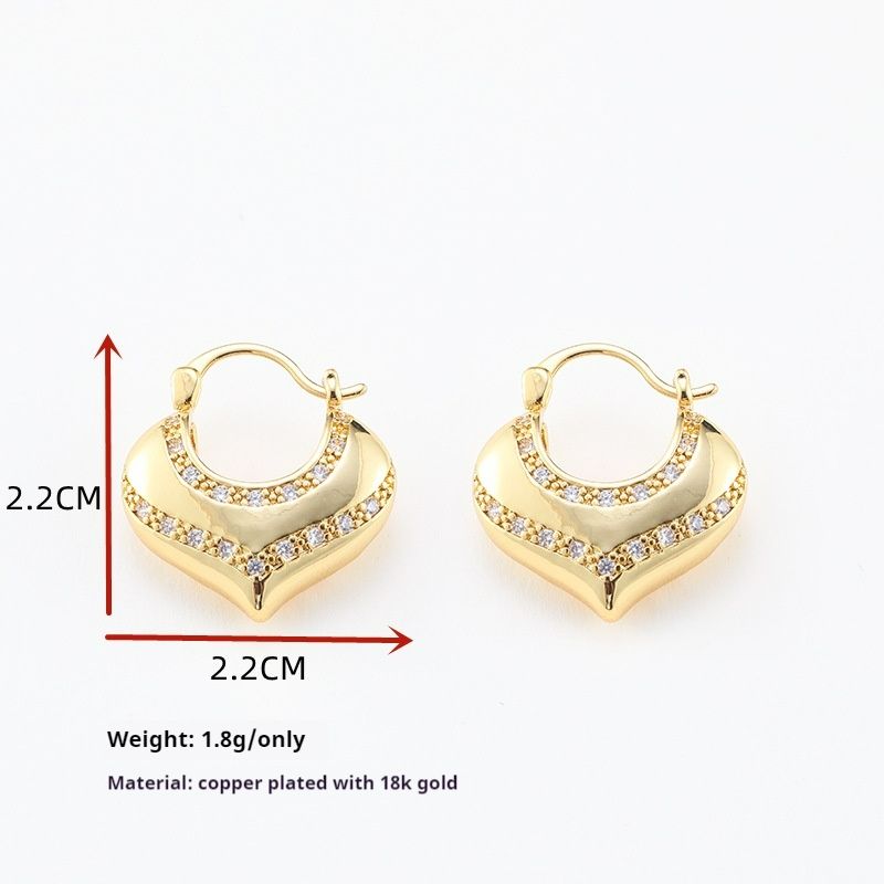 Copper plated real gold ingot heart ear buckle, simple exaggerated, cold and aloof style metal earrings, peach heart,_voghion.com