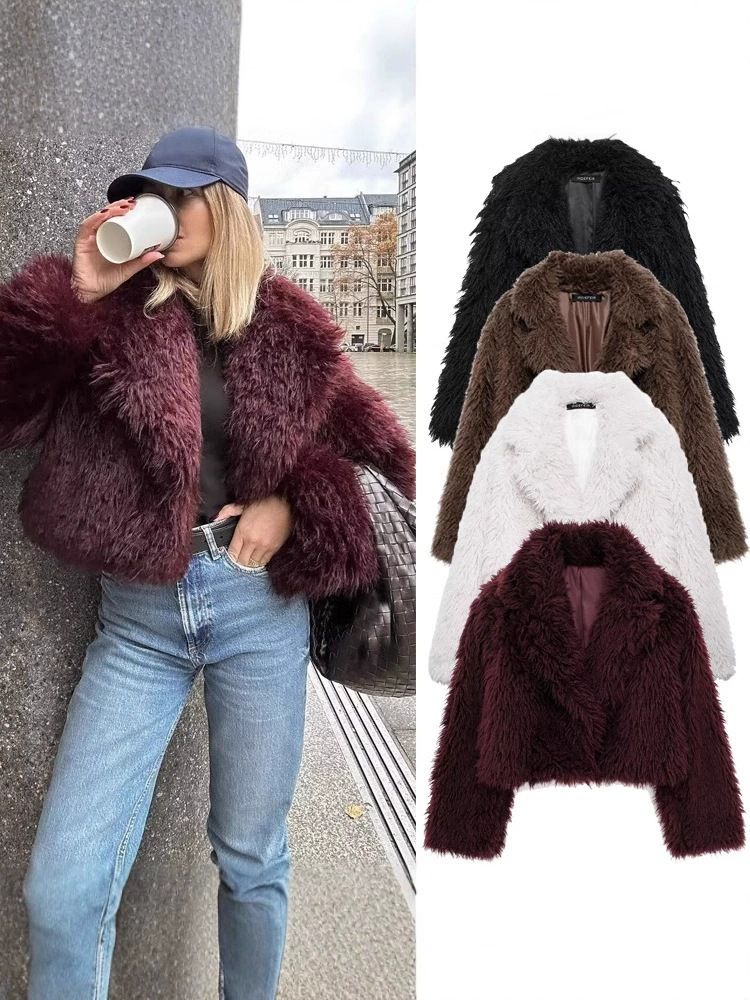 Damenbekleidung Lockiger Kunstpelzmantel Kurzer Reversmantel Teddybär Kunstpelzmantel – Kurze Plüschjacke für Damen (Weinrot/Braun/Weiß, XS-XL)_voghion.com