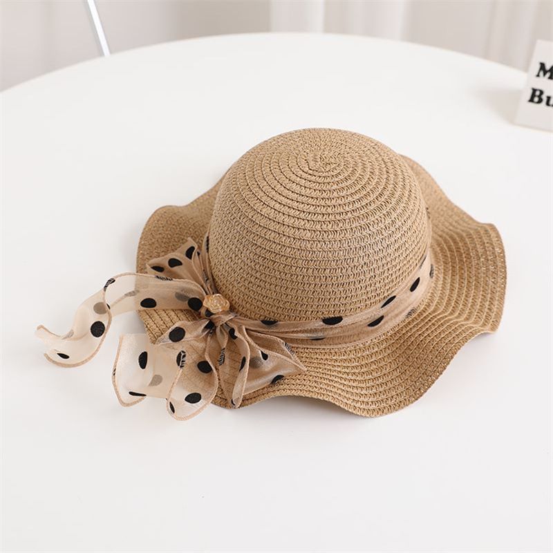 Nuovo set di cappelli e borse parasole con fiocco coreano a pois e onde di paglia per bambini, dolce e carino_voghion.com