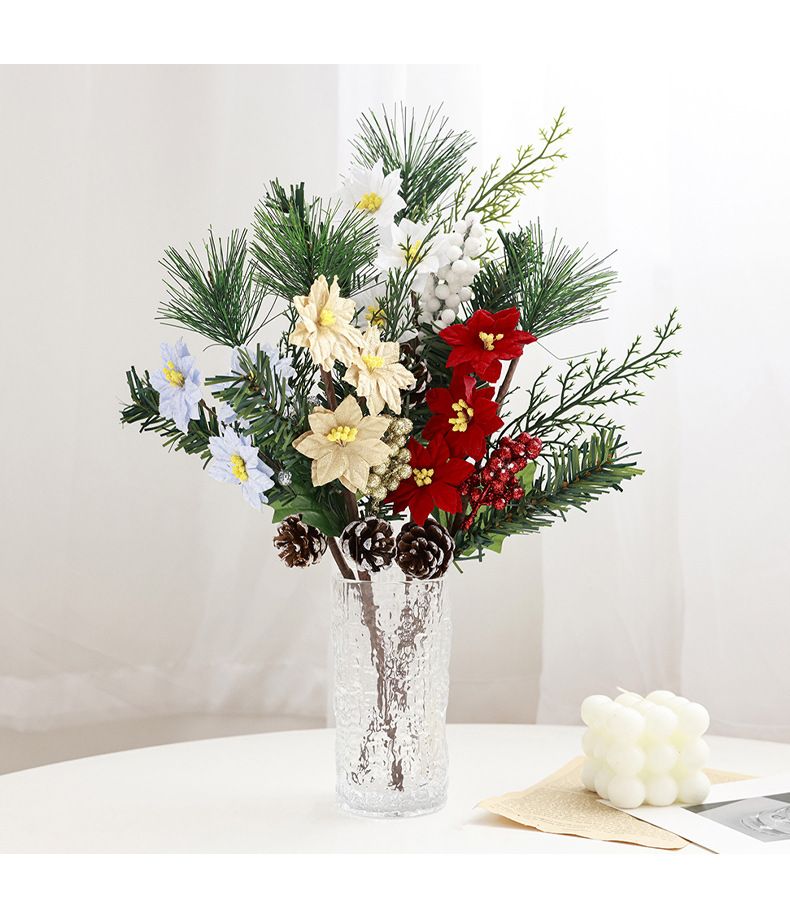 Weihnachts-Tannennadel-Schnittblumen-Simulation, grüne Pflanze, rote Beeren, Tannenzapfen, DIY, handgefertigte Dekorationen können verpackt werden_voghion.com