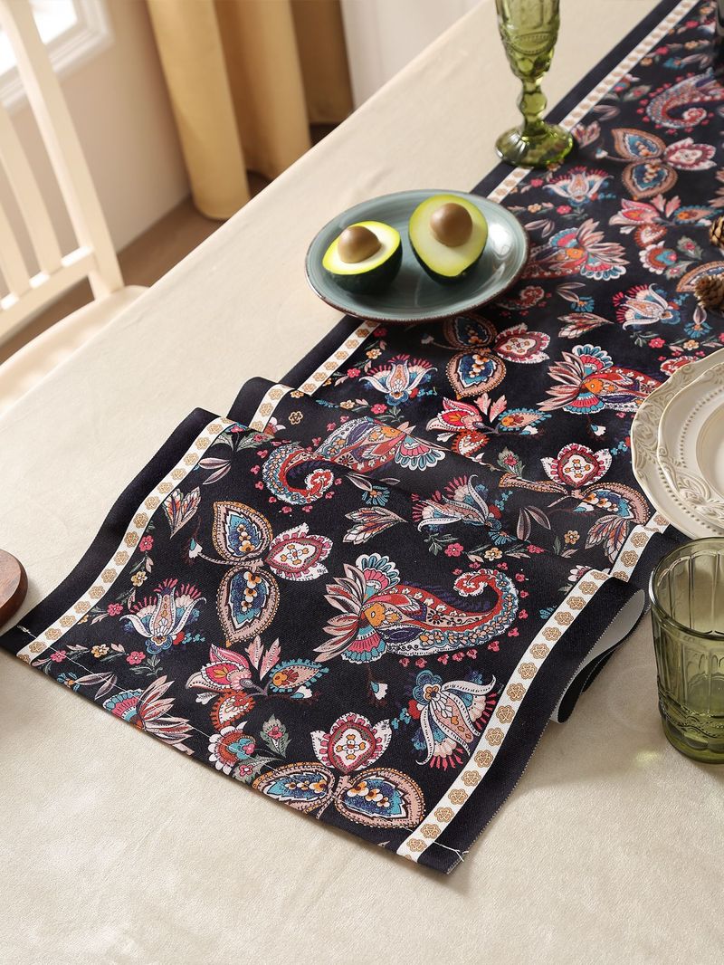 Masa Örtüsü - Su Geçirmez ve Yağ Geçirmez Kumaşlı Siyah Çiçek Desenli (Modern Minimalist Polyester Yıkanabilir Yemek/Parti Dekorasyonu)_voghion.com